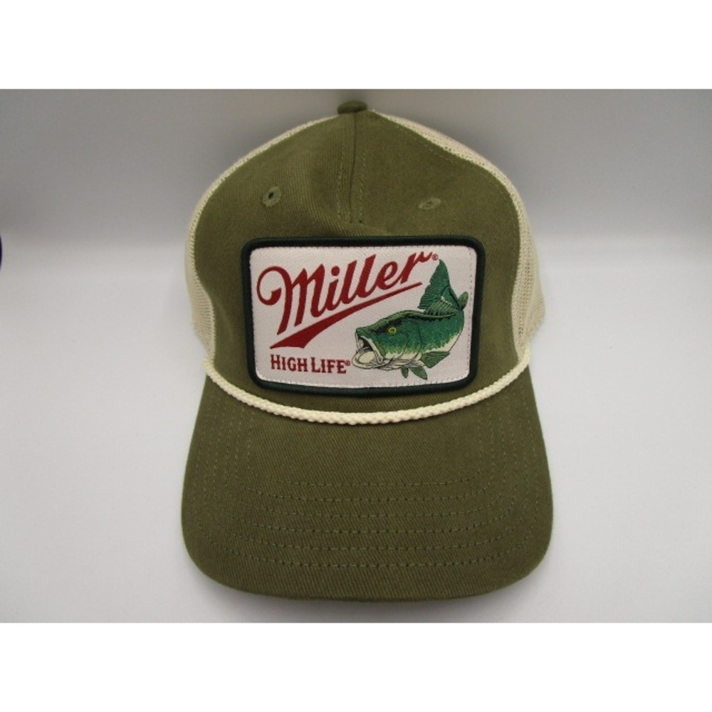 Miller High Life Bass Fish Trucker Hat Olive Green Mesh Snapback Cap